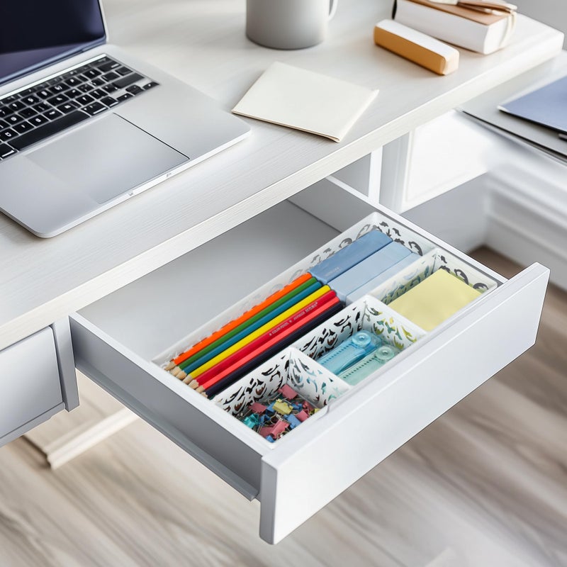 EasyPAG Desk Drawer Organizer with 4 Compartments, Carved Hollow Floral Metal Tray for Office, Jewelry, Cosmetics - No Assembly, White - Image 2